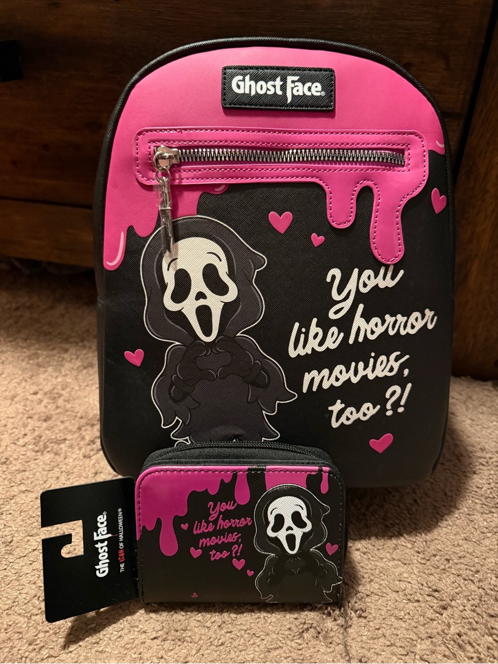 Ghost Face Pink & Black 'You Like Horror Movies Too?!' Mini Backpack and wallet
